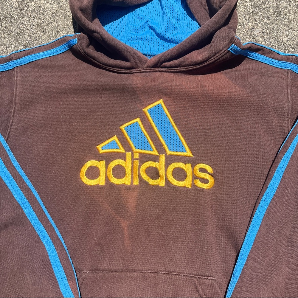 Y2K Brown and Blue Adidas Hoodie Size Large Used 2000s Mesh Hood - Picture 2 of 4